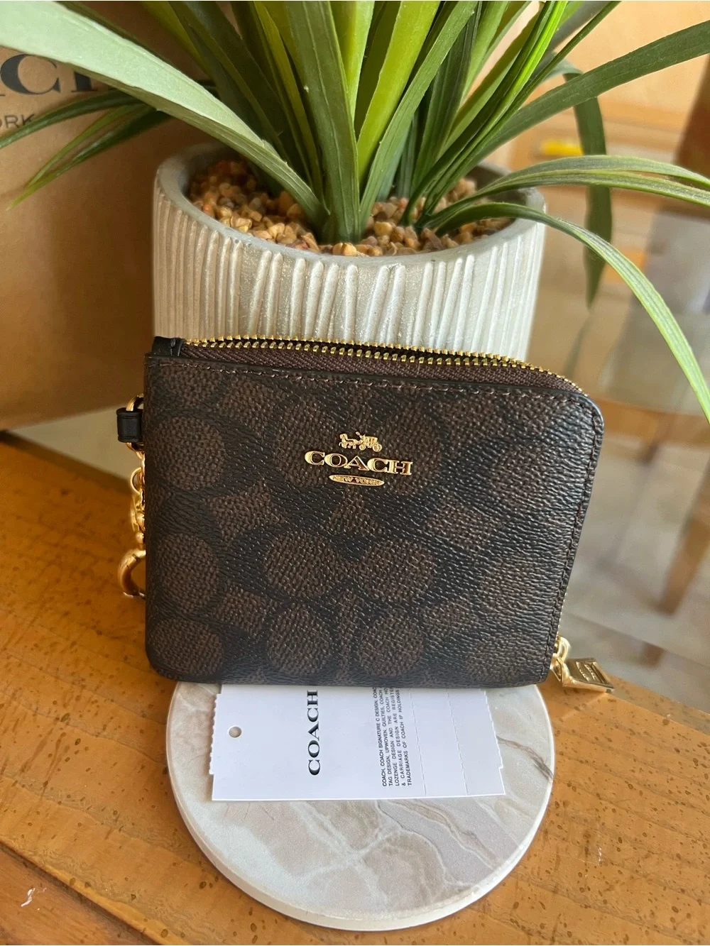 COACH Black Signature Zip Card Case Wallet with KeyChain